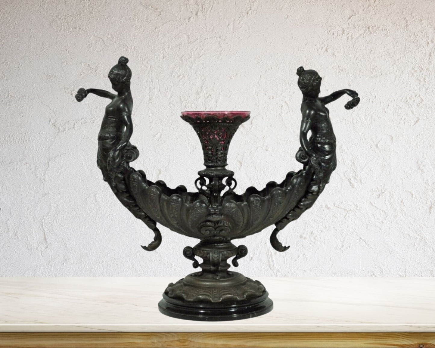 Antique Victorian Spelter & Marble Figural Mermaid Centerpiece Bowl Vase Epergne