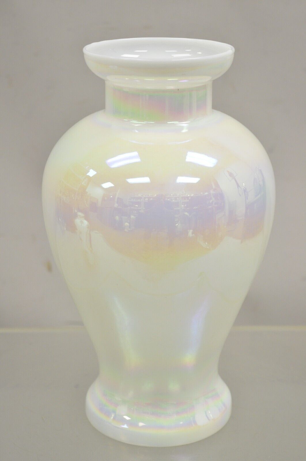 Vintage Pearlescent Opalescent White Iridescent Hand Blown Art Glass Flower Vase