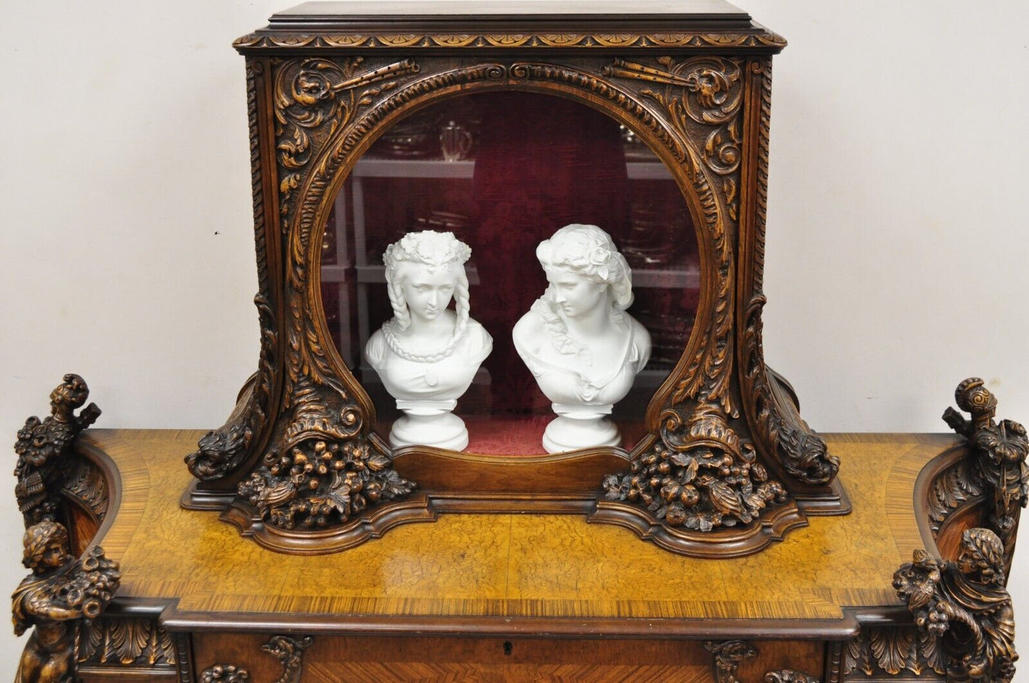 French Renaissance Louis XV Style Figural Carved Walnut Curio Display Buffet