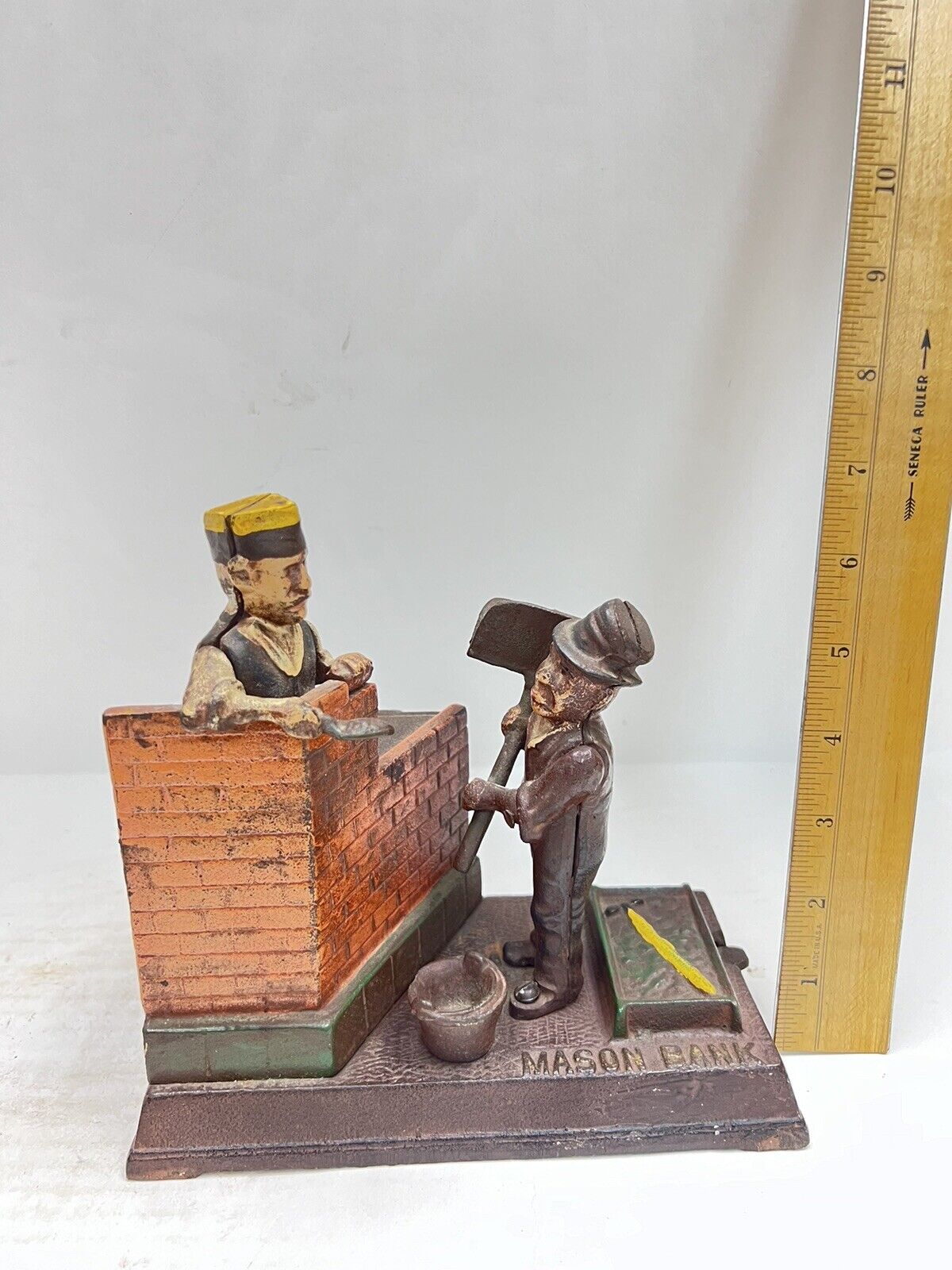 Vintage Cast Iron Mason and Hod Carrier Bank Coin Piggy Bank Taiwan Reproduction