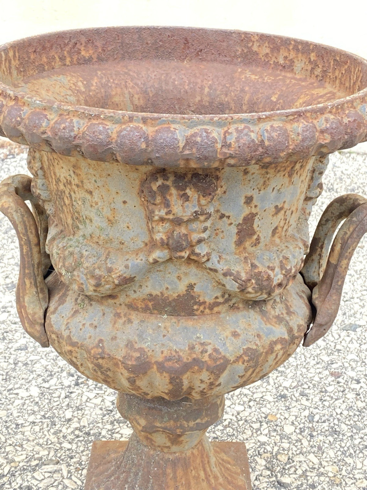 French Classical Style Cast Iron Urn Form 17" Garden Yard Planter Pot w/ Faces