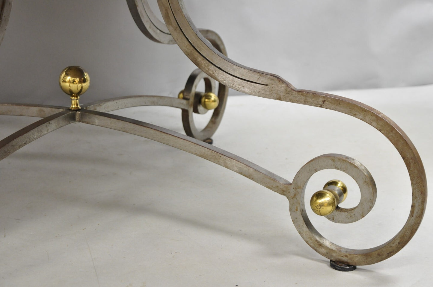 Vintage French Pastry Scrolling Steel and Bronze Neoclassical Round Dining Table