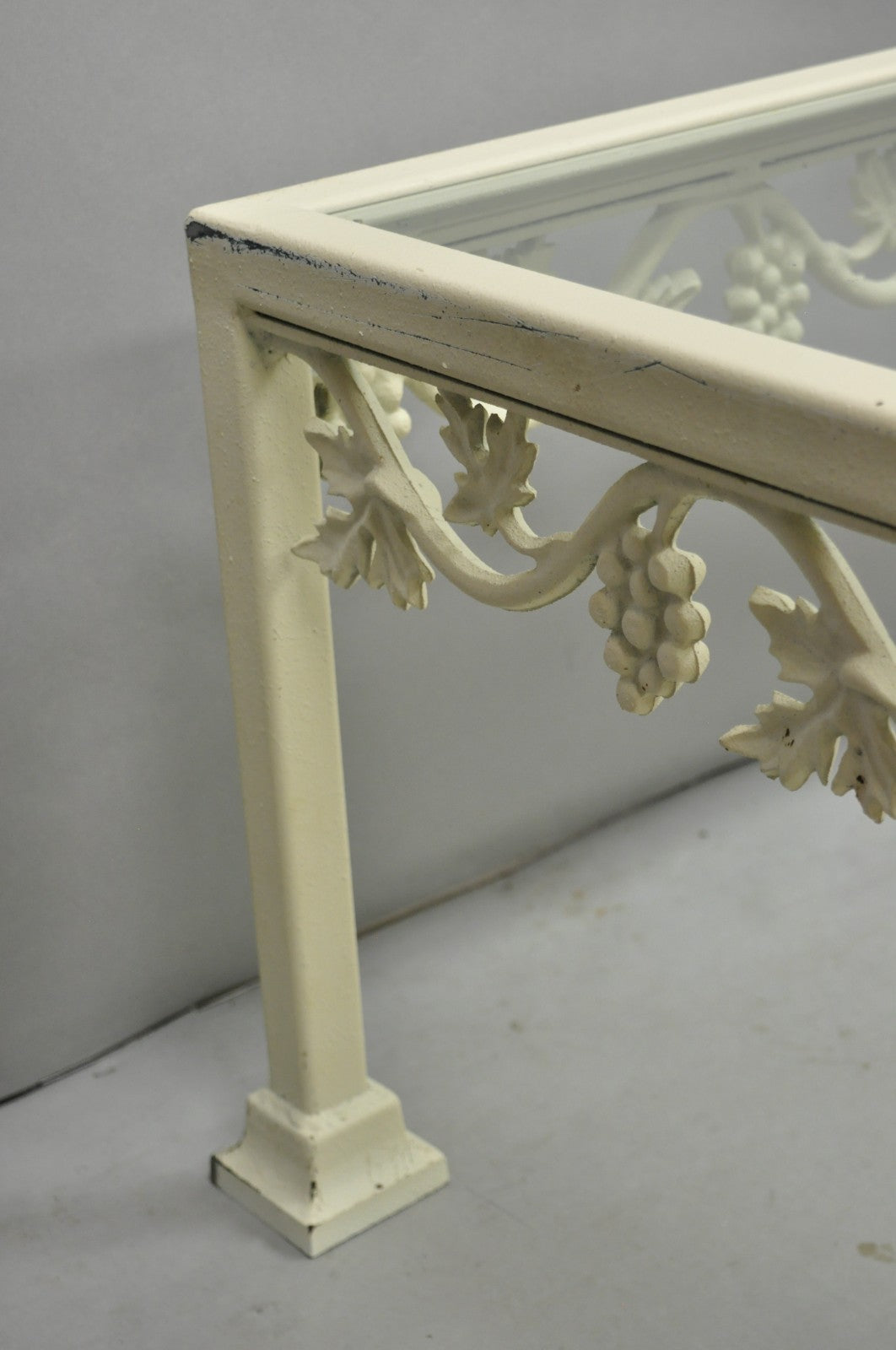 Vintage Woodard Style White Wrought Iron "Grapevine" Square Glass Coffee Table