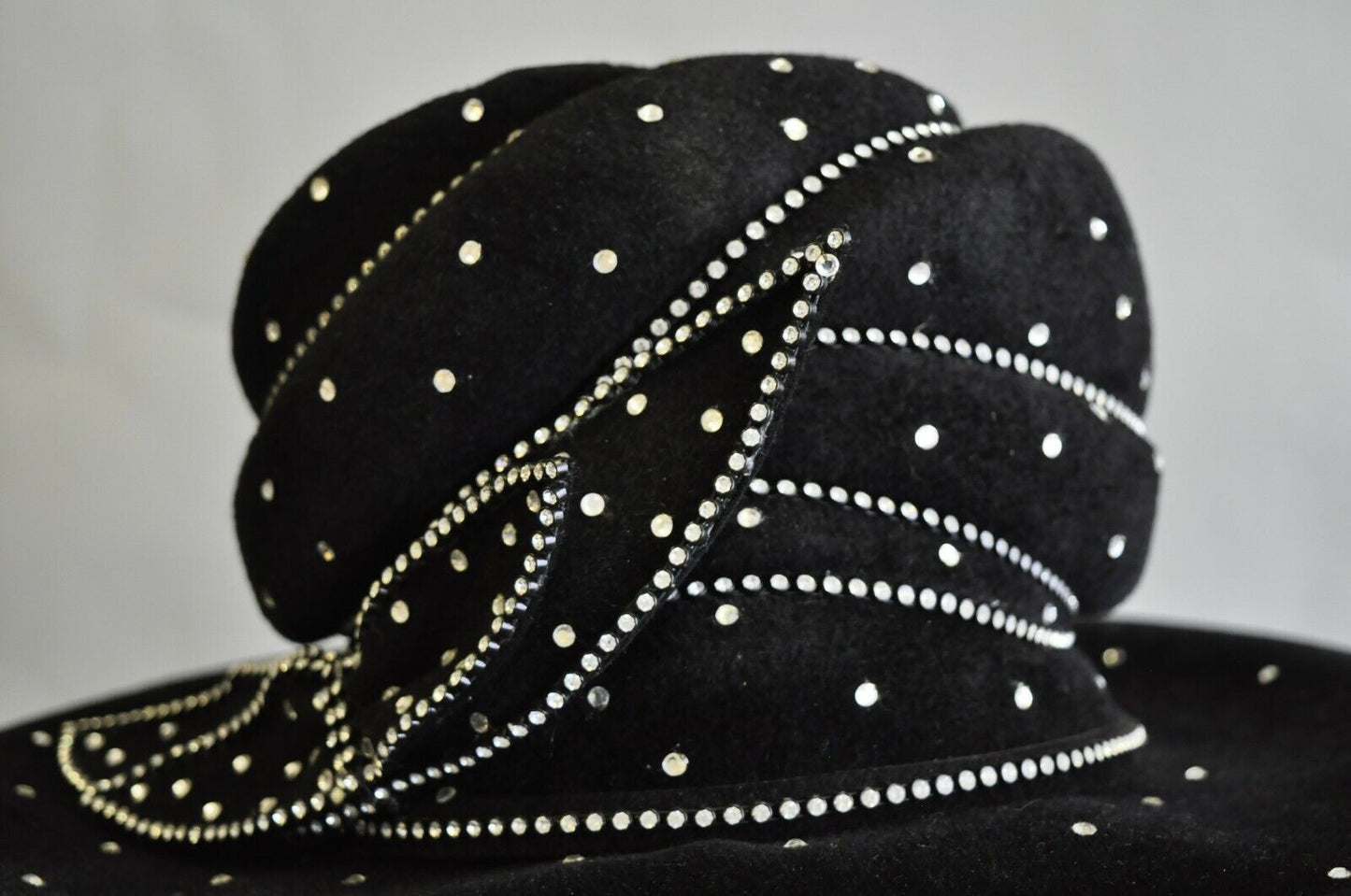 Vintage Makins New York Black Rhinestone Bow Wide Brim Church Derby Ladies Hat