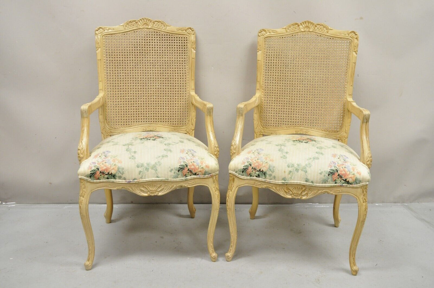 Vintage French Louis XV Provincial Style Cane Back Cream Dining Chairs- Set of 6