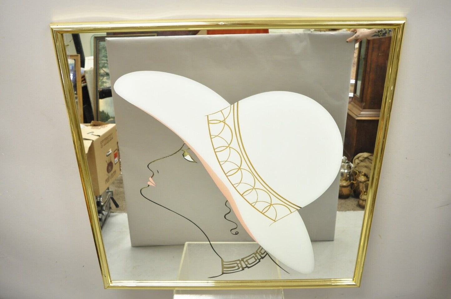 Vintage Art Deco Style 38" Square Wall Mirror with Woman in Hat Art