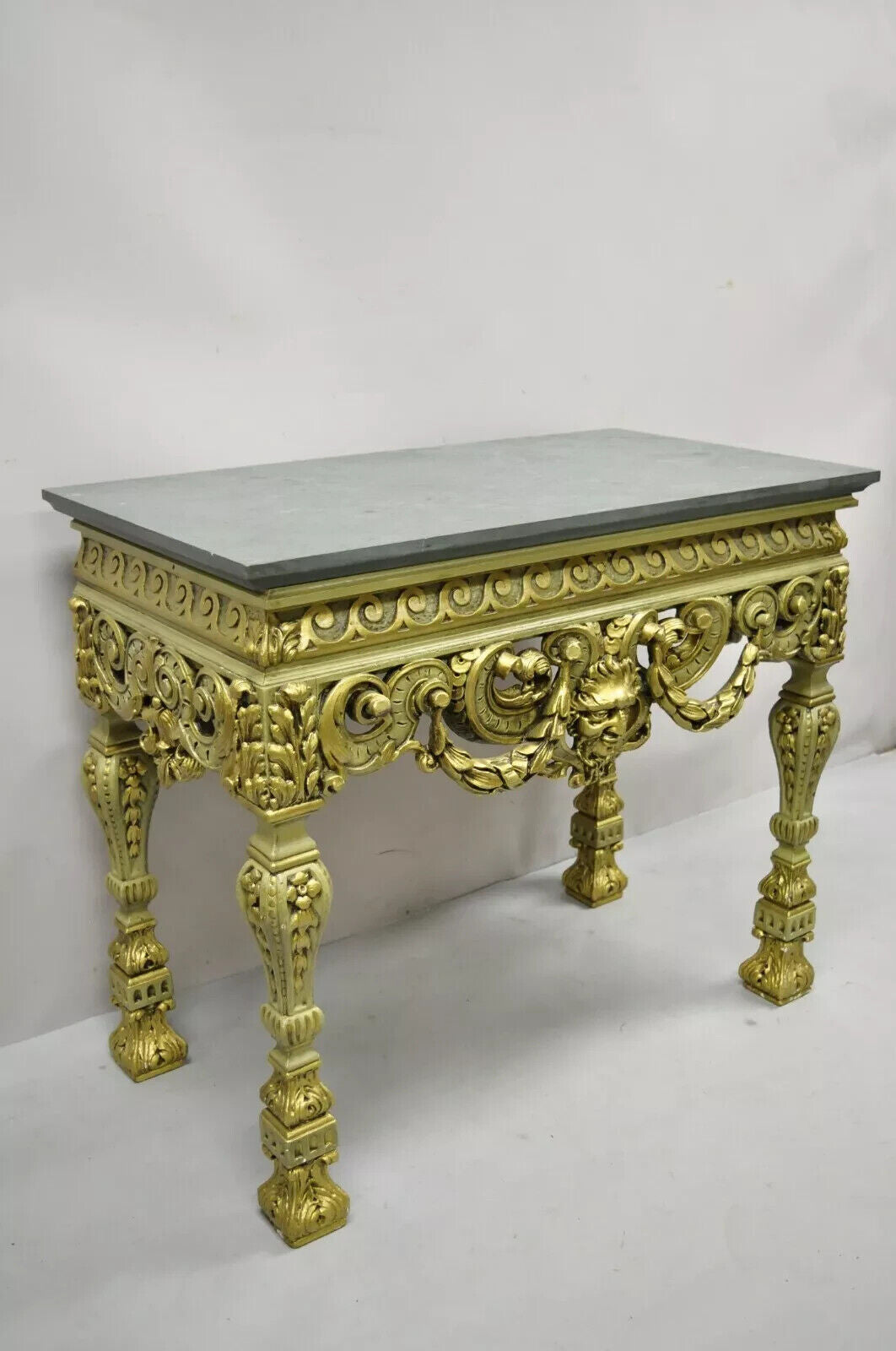 Vintage French Baroque Green Gold Gilt Figural Carved Slate Top Console Table