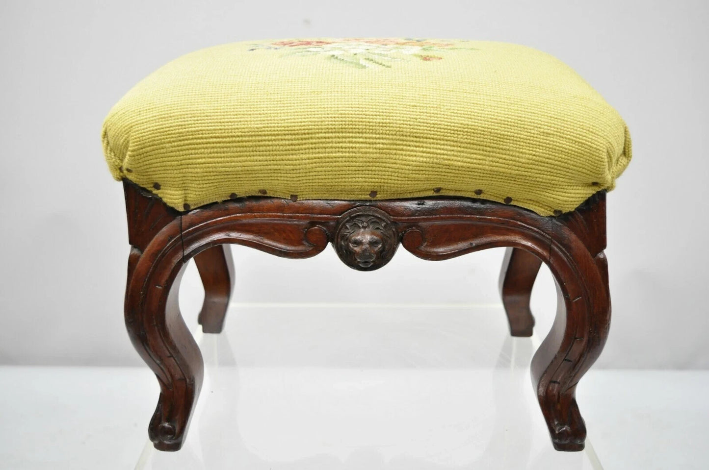 Antique Victorian Walnut Figural Lion Female Face Needlepoint Footstool Ottoman