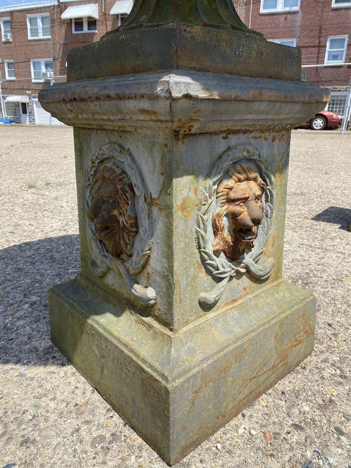 Vintage French Empire Large Cast Iron 42" Round Lion Urn Garden Planter on Base