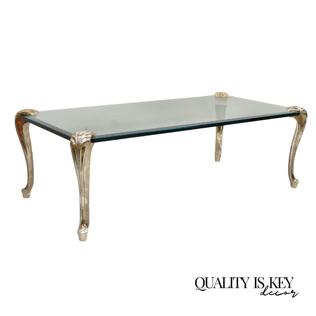 Vintage French Hollywood Regency Beveled Glass Bronze Cabriole Leg Coffee Table