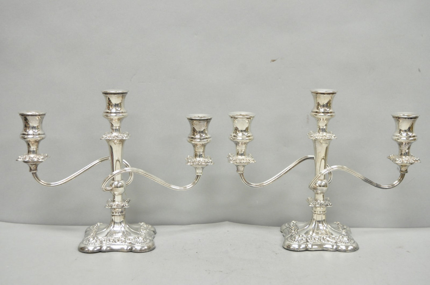 Antique E.G. Webster Victorian Silver Plated Scrolling 3 Arm Candelabra - a Pair