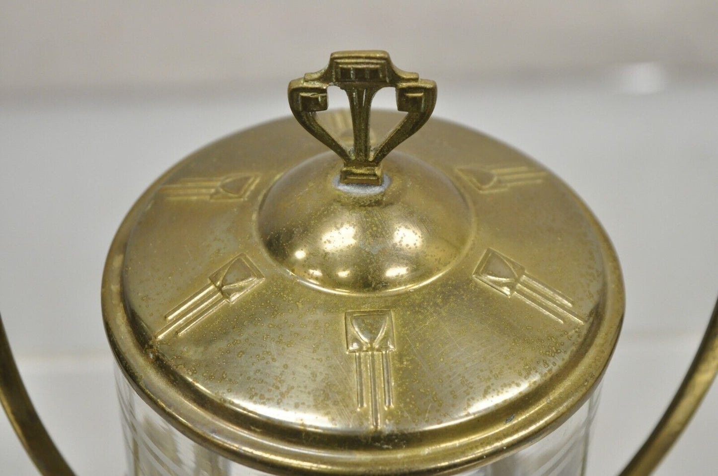 Antique German Art Nouveau Brass Metal Pickle Castor w/ Etched Glass Insert