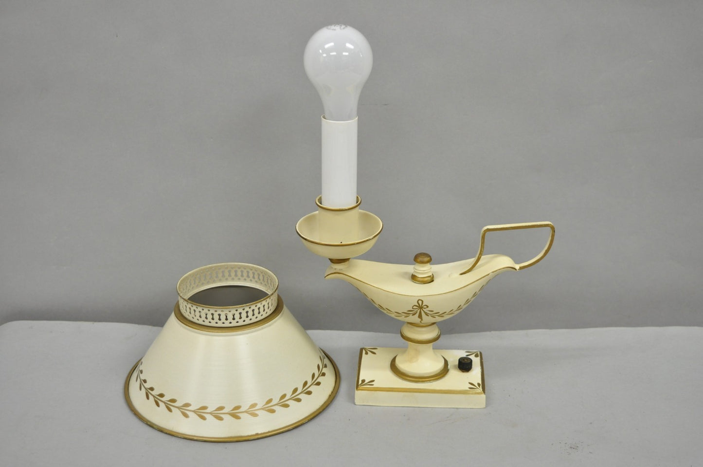 Vintage French Country White Gold Small Genie Lantern Tole Bouillotte Desk Lamp