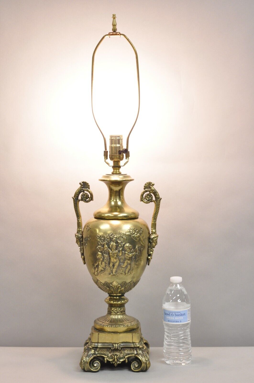 Vintage French Louis XV Renaissance Brass Figural Dancing Cherubs Urn Table Lamp