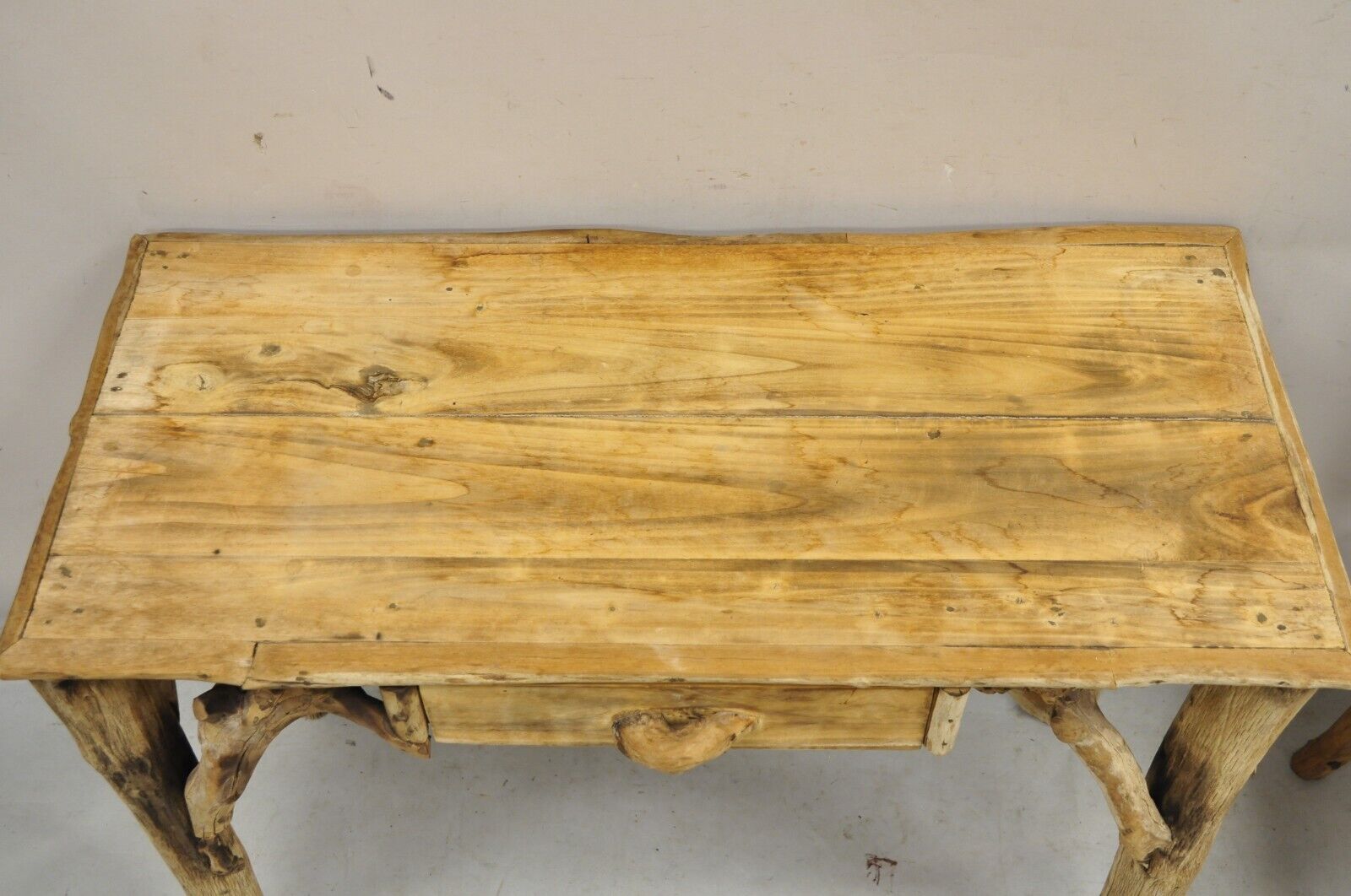 Vintage Rustic Modern Driftwood Branch Small Wooden Desk and Chair with Drawer