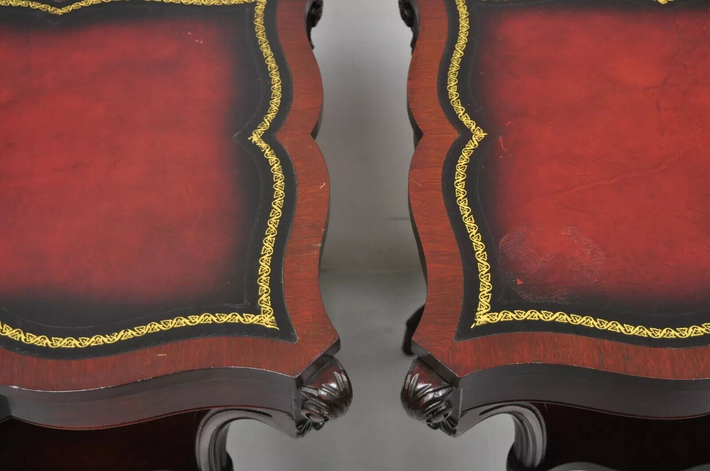 Vintage French Regency Style Red Leather Top Mahogany Lamp End Tables - a Pair