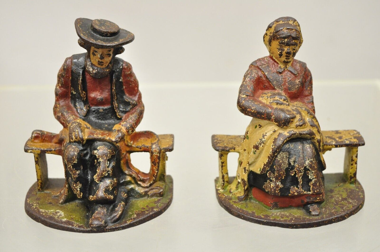 Antique Cast Iron Amish Man and Woman Couple Bookends - a Pair