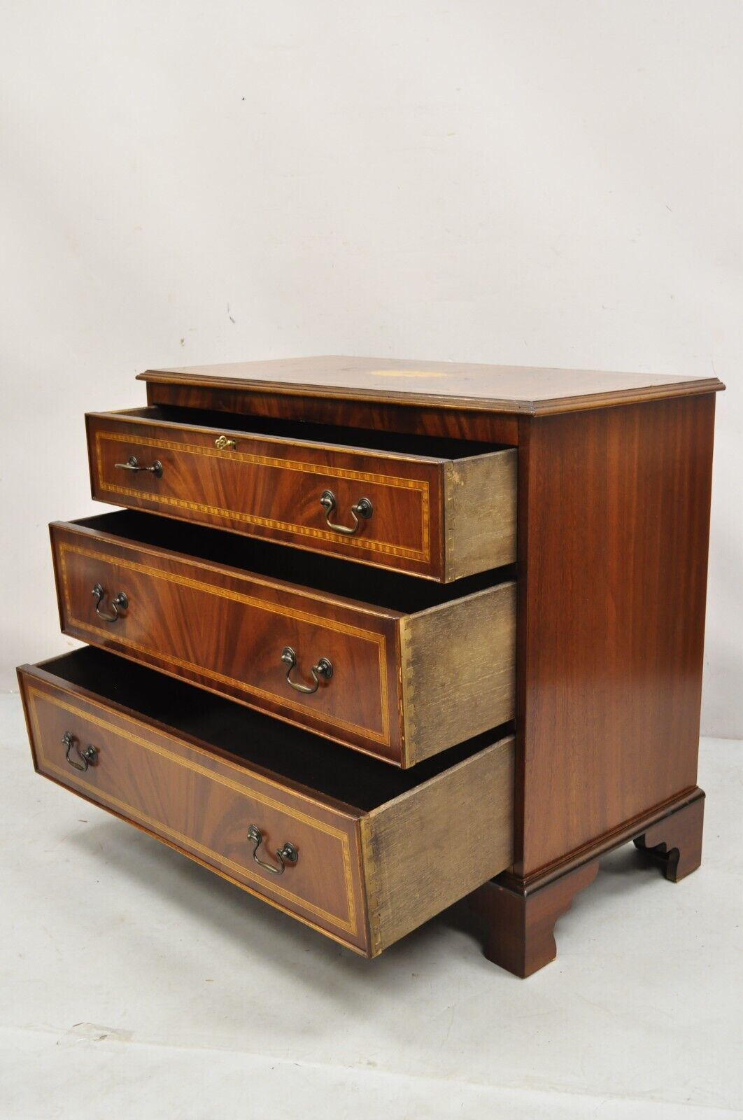 Vintage English Edwardian Style Mahogany Pinwheel Inlay 3 Drawer Dresser Chest