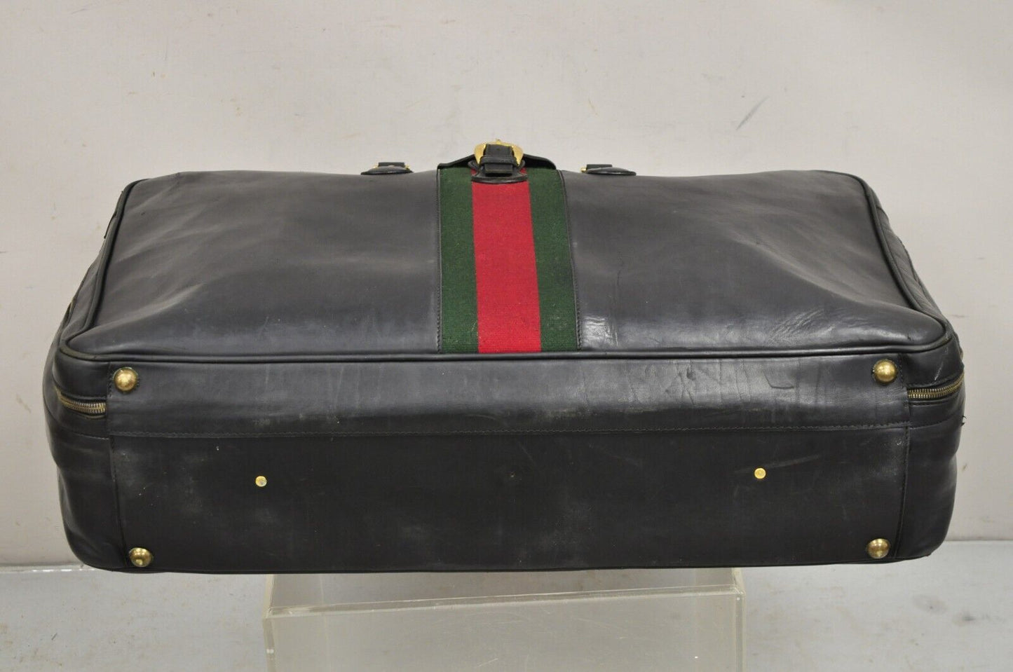 Vintage Gucci Large Black Leather Suitcase Luggage Travel Bag Green Red Webbing