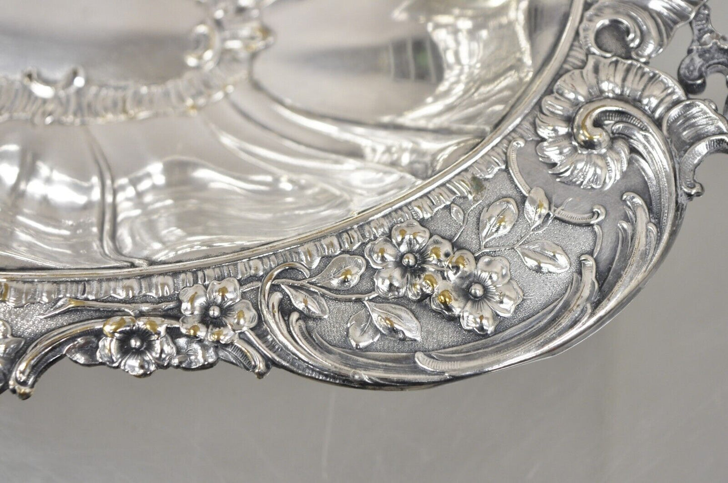 Vintage English Victorian Floral Repousse Ornate Twin Handle Footed Dish Bowl