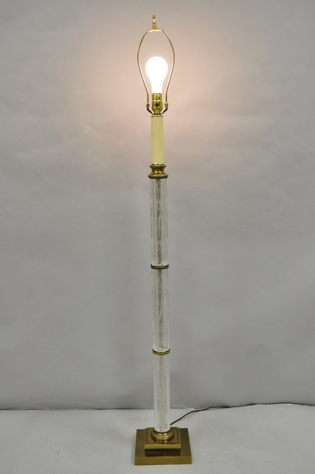 Vintage Neoclassical Style Floral Etched Glass Column Brass Reading Floor Lamp