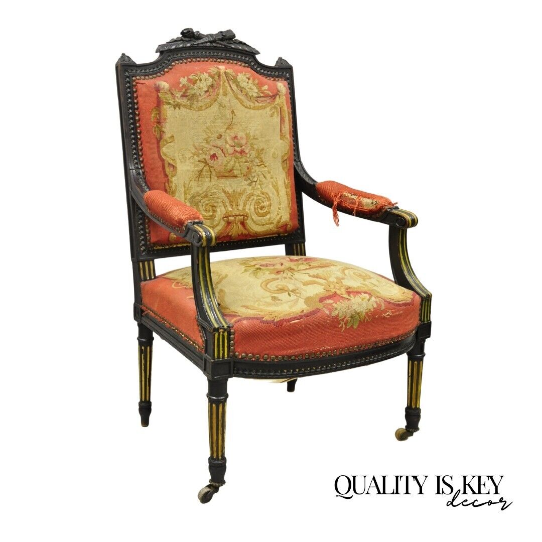 Antique French Empire Black Ebonized Walnut Needlepoint Parlor Arm Chair
