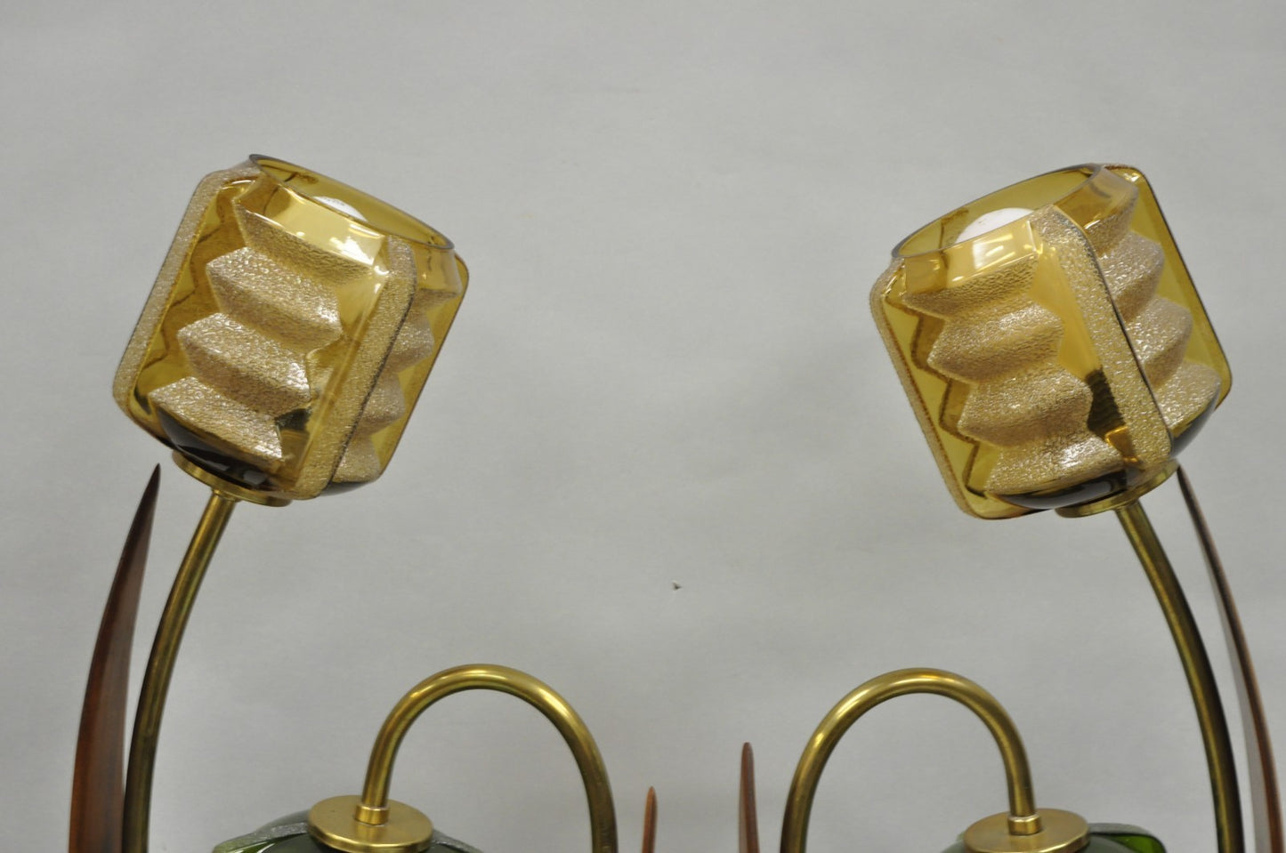 Vintage Mid Century Modern Walnut Tulip Flower Glass Shade Table Lamps - a Pair