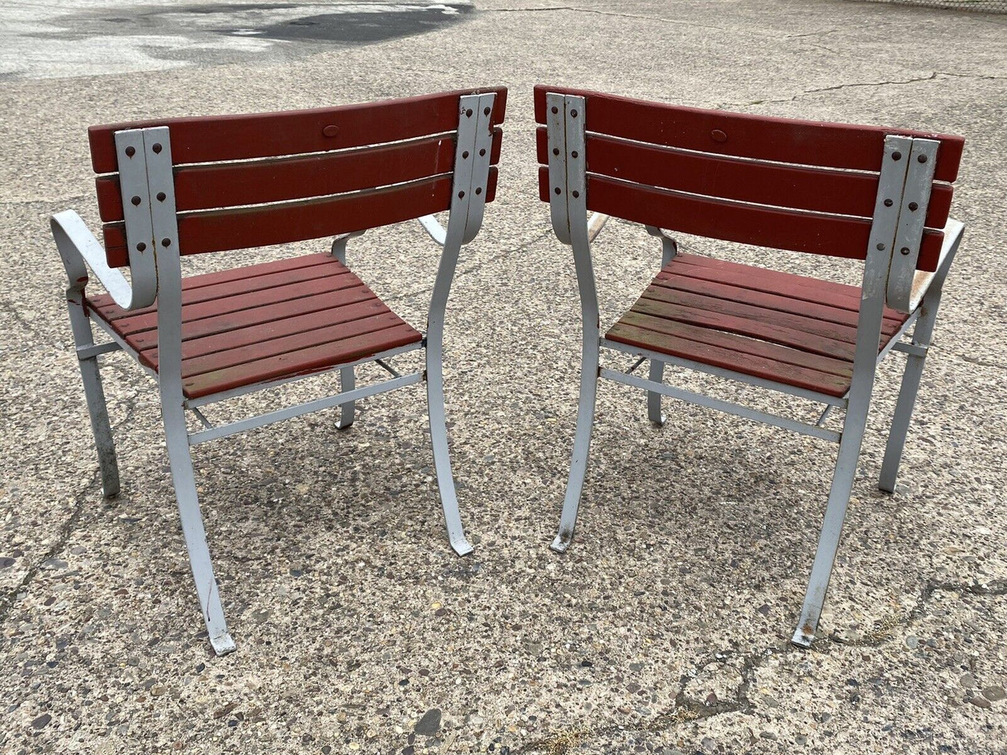 Vintage Wrought Iron and Wood Slat French Style Garden Outdoor Chairs - a Pair