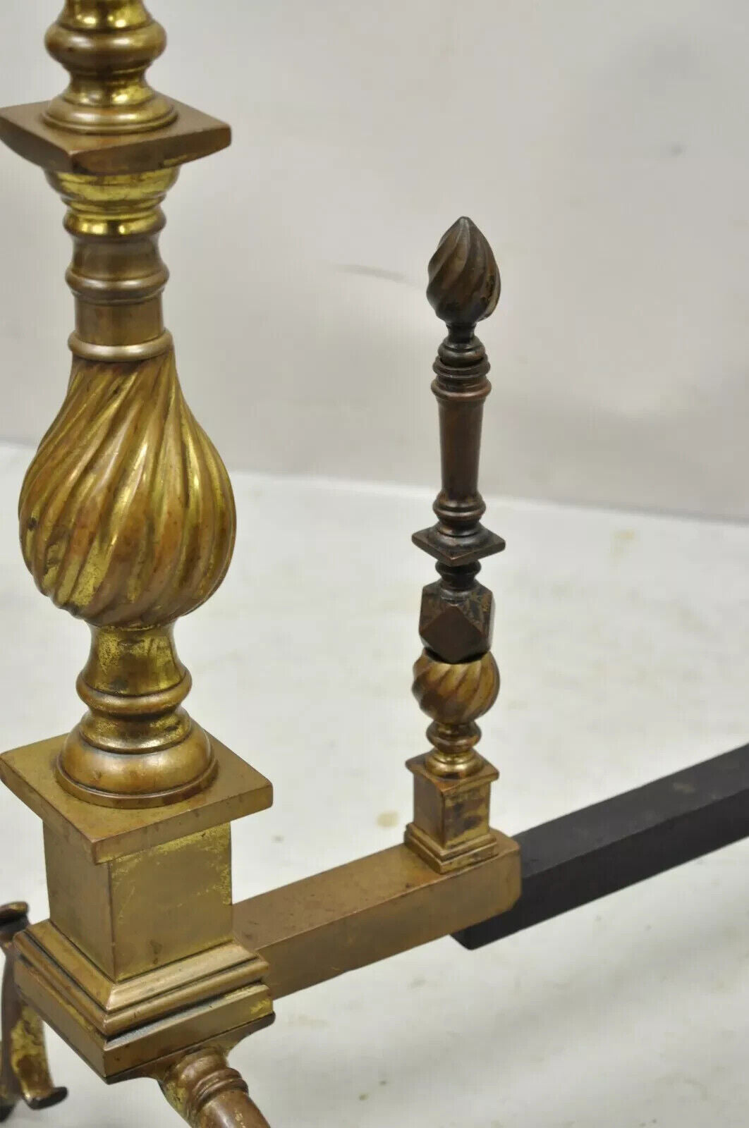 Antique Federal Brass Spiral Twist Finial Branch Leg Ball & Claw Andirons - Pair