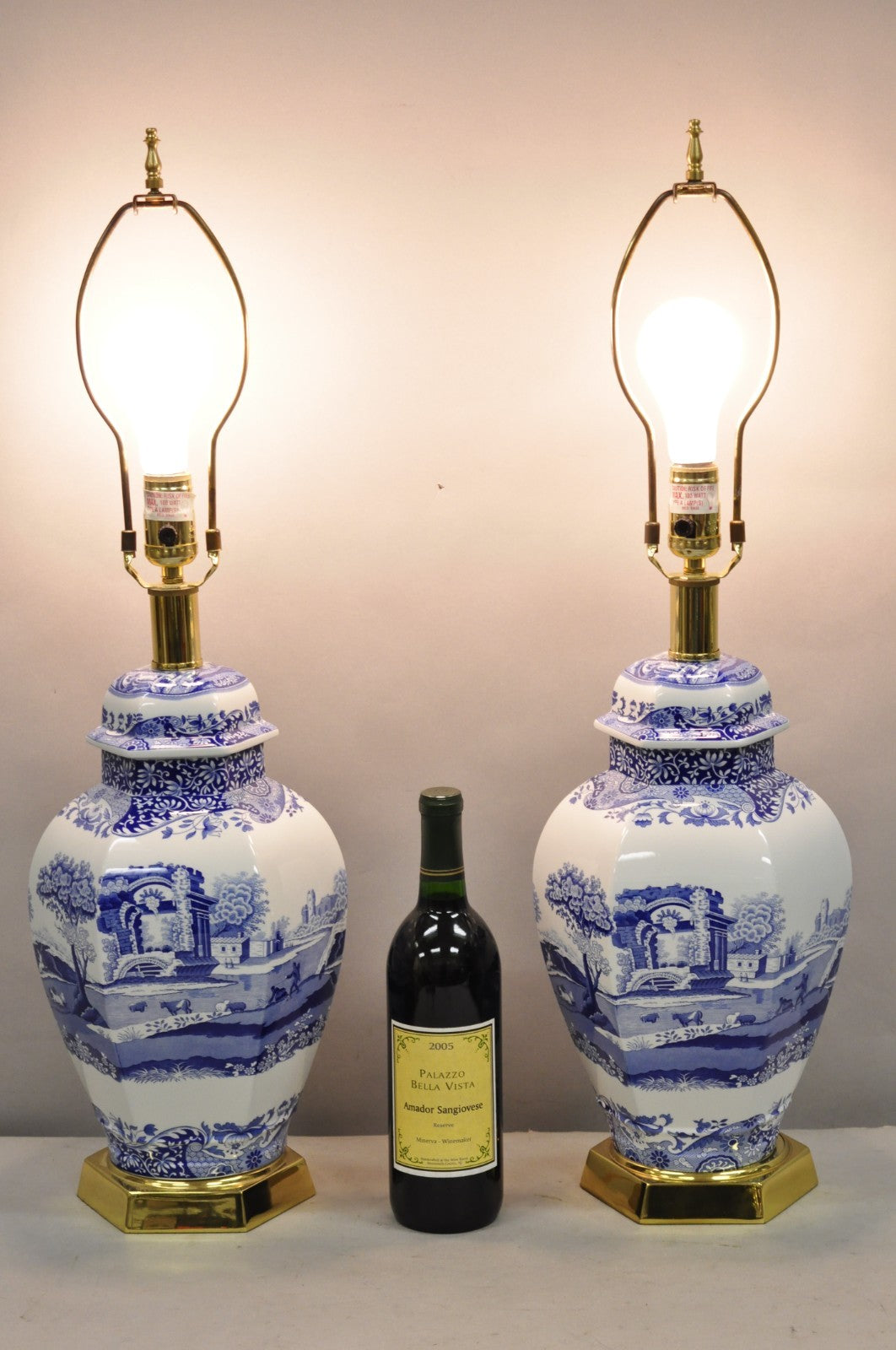 Vintage Spode Chinoiserie French Blue White Porcelain Ginger Jar Table Lamp Pair