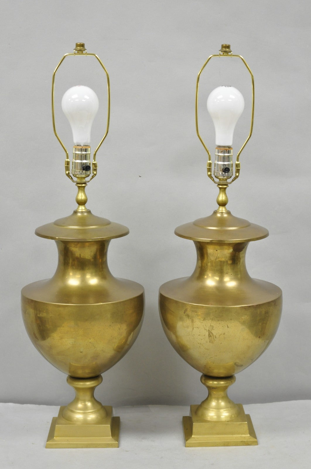 Vintage Hollywood Regency Patinated Brass Jardiniere Urn Table Lamps - a Pair