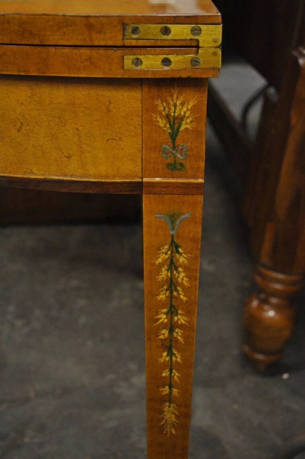 English Adams Style Hand Painted Leather Flip Top Demilune Console Game Table