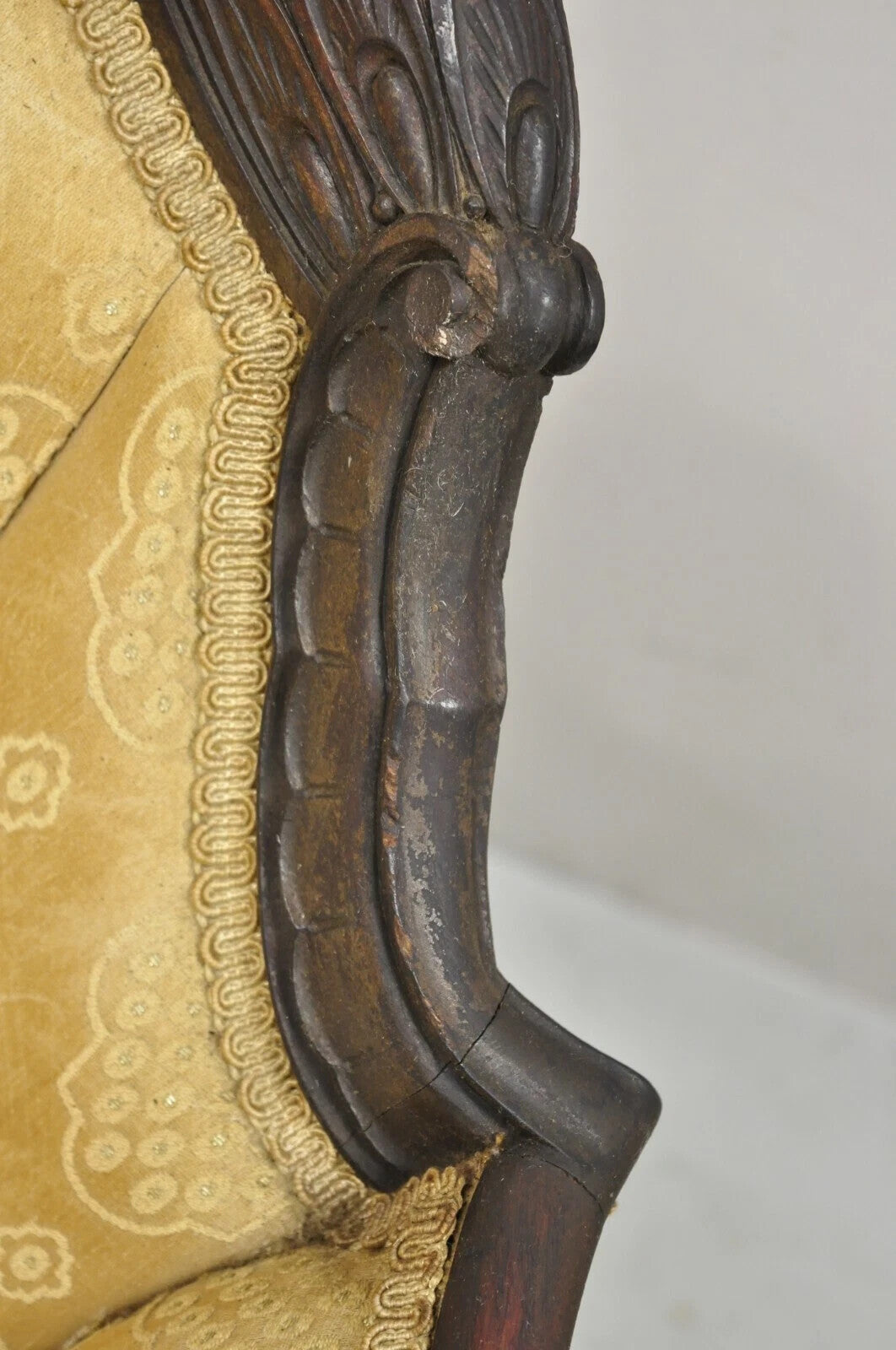 Antique French Art Deco Carved Walnut Wing Club Lounge Parlor Arm Chair
