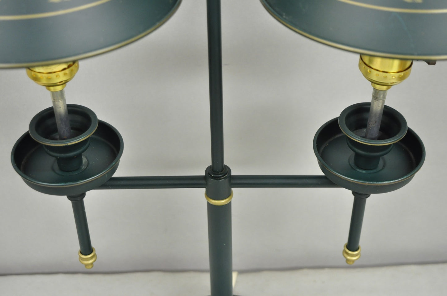 Vintage French Country Green Tole Metal Double Candlestick Table Lamp w/ Shades