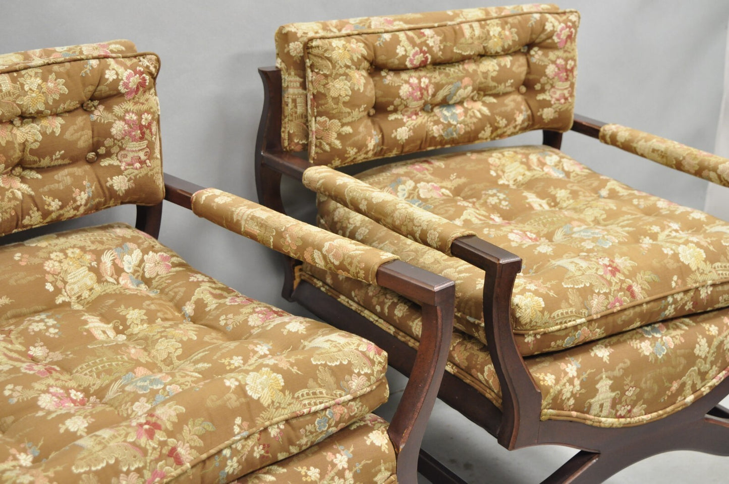 Vintage Hollywood Regency Curule Wooden X-Frame Lounge Arm Chairs - a Pair