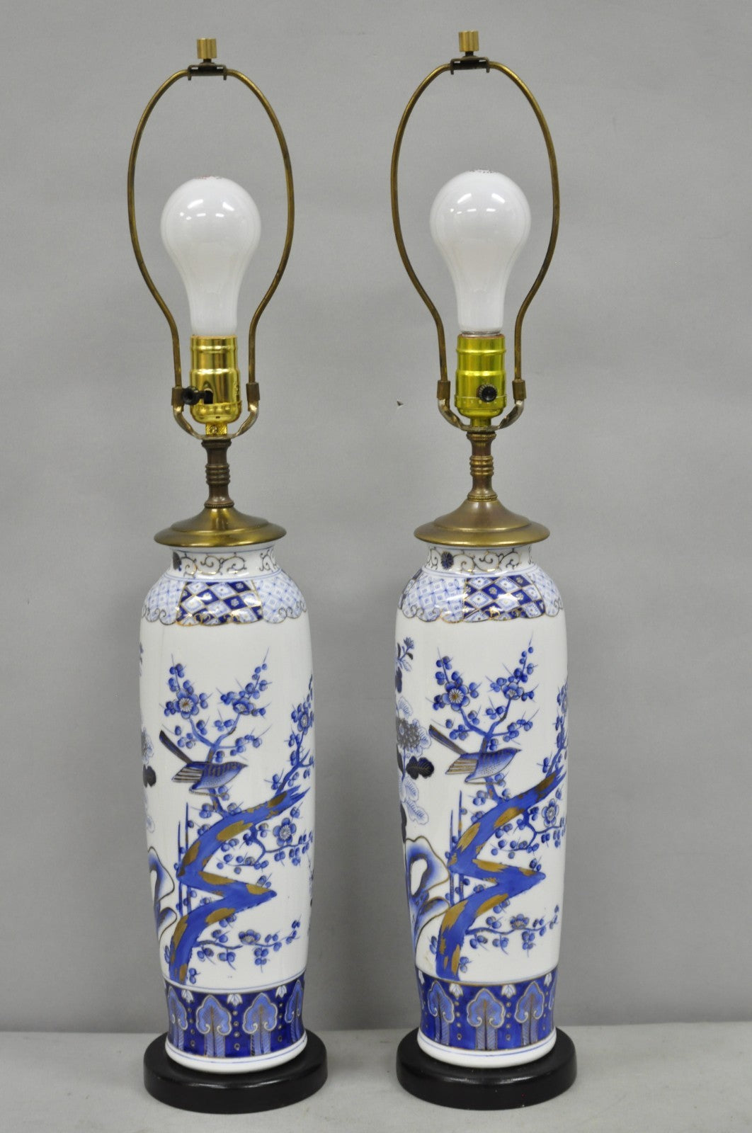Vintage Chinoiserie Blue White Porcelain Bird & Plum Blossom Table Lamp - a Pair