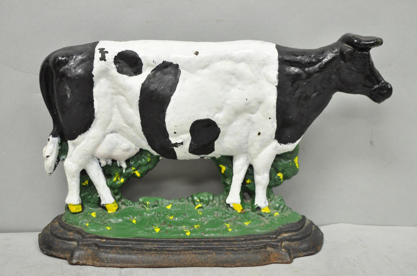 Antique Black and White Dairy Cow Cast Iron Painted Large Figural Door Stop