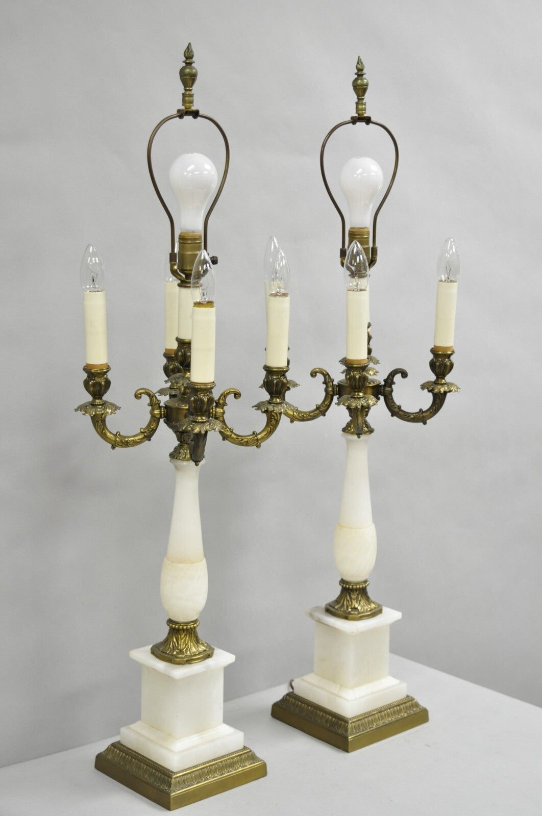 Vintage French Empire Alabaster Column Brass Metal Candelabra Table Lamps - Pair