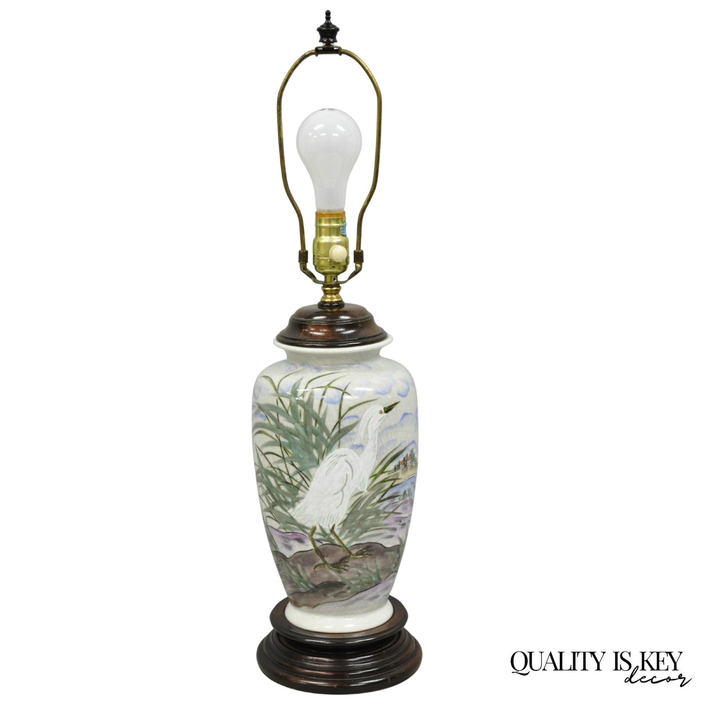 Vintage Chinoiserie Chinese Porcelain Jardiniere Table Lamp w Painted Crane Bird