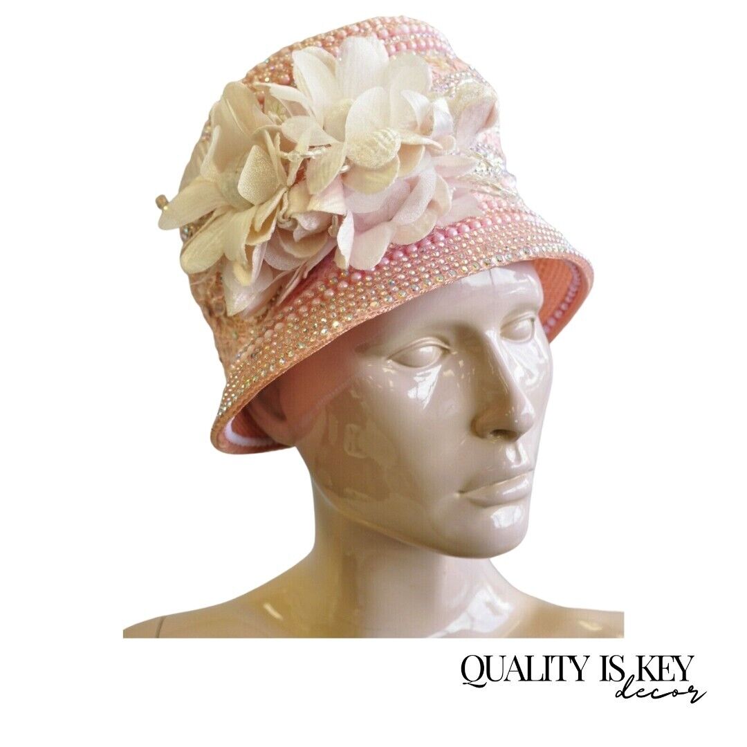 Shellie McDowell Pink Lace Iridescent Pearl Rhinestones Church Derby Crown Hat