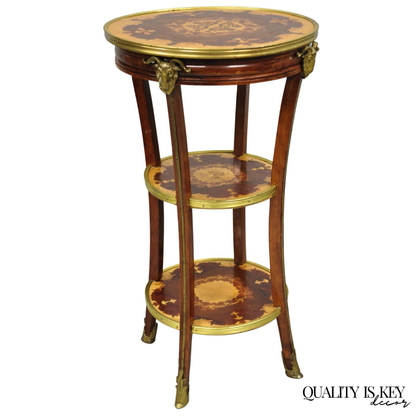 Vintage French Louis XVI Style Bronze Rams Head Ormolu 3 Tier Round Side Table