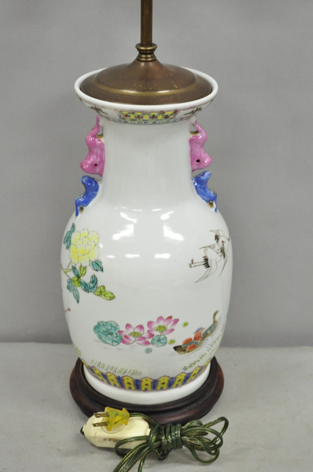Vintage Oriental Porcelain Jardiniere Vase Bird and Flower Painted Table Lamp