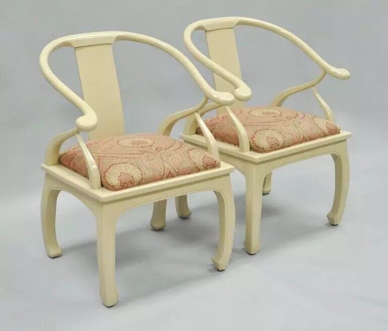 Vintage Oriental Horseshoe Ming Style Cream Lacquered Lounge Chairs - a Pair