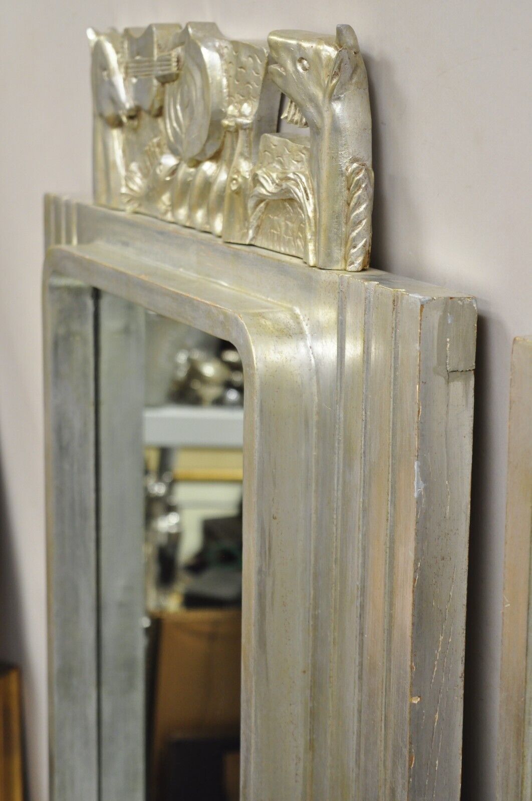 Vintage Italian Modern Figural Relief Carved Silver Leaf Wall Mirrors - a Pair