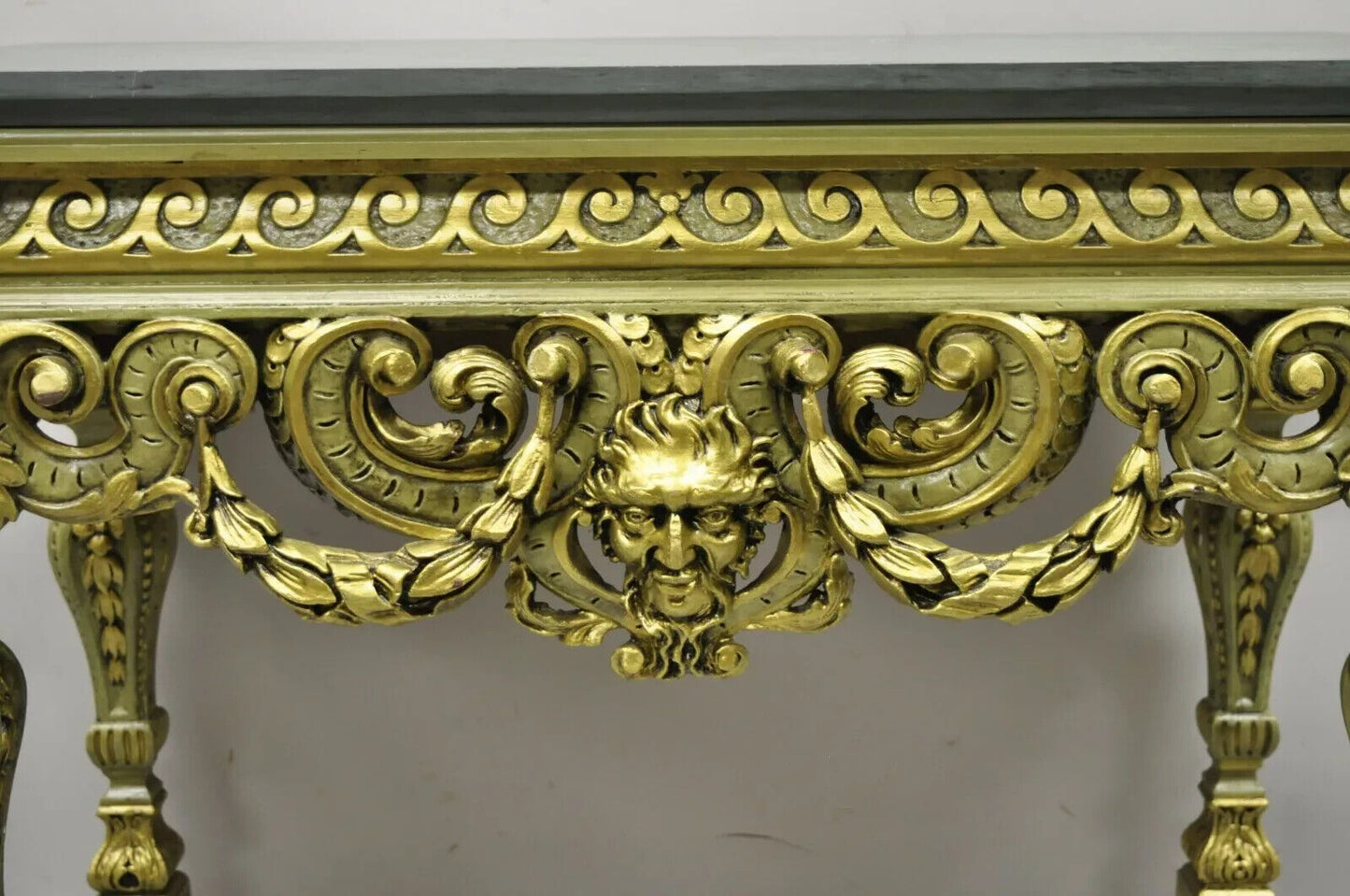Vintage French Baroque Green Gold Gilt Figural Carved Slate Top Console Table