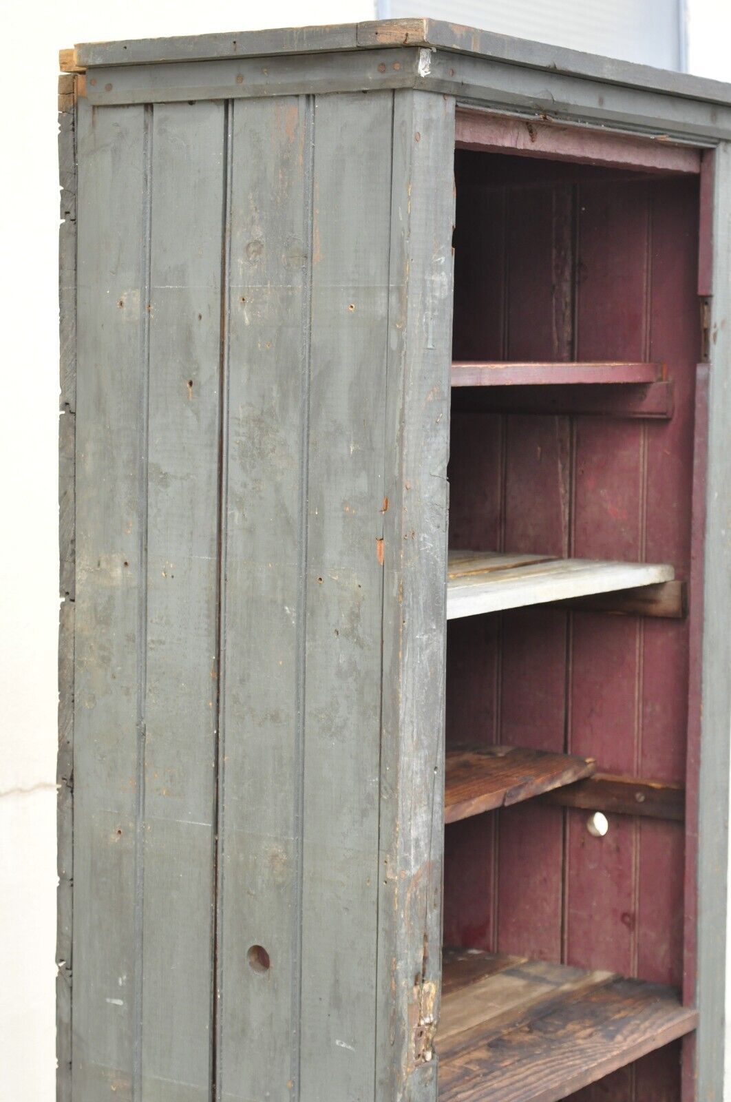 Antique American Primitive Blue Green Distressed Painted Tall Kitchen Cupboard