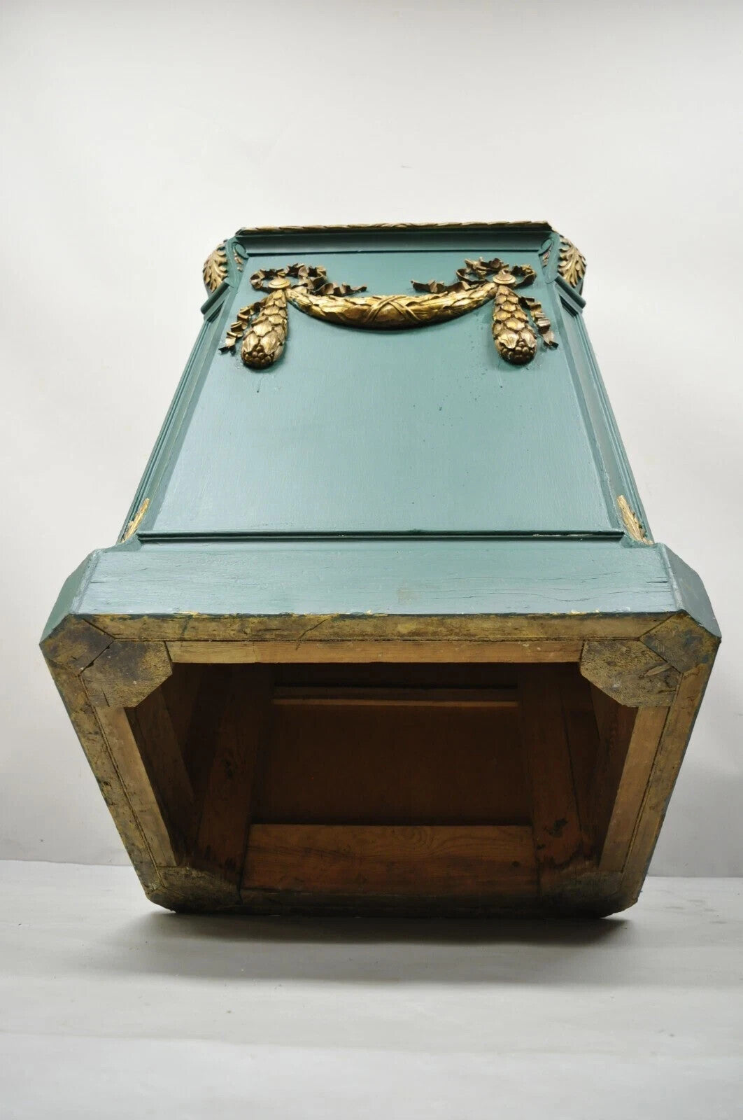 Vintage French Louis XVI Style Green Gold Carved Wood 39" Column Pedestal Stand