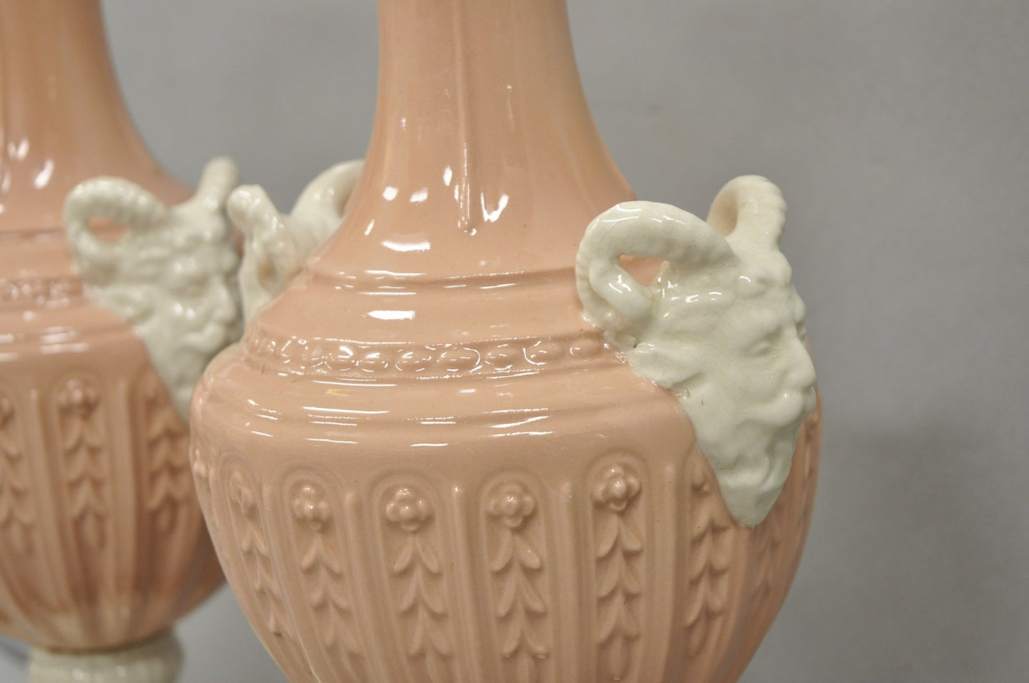 Vintage Italian Neoclassical Pink Porcelain Urn Table Lamps w/ Bearded Man, Pair