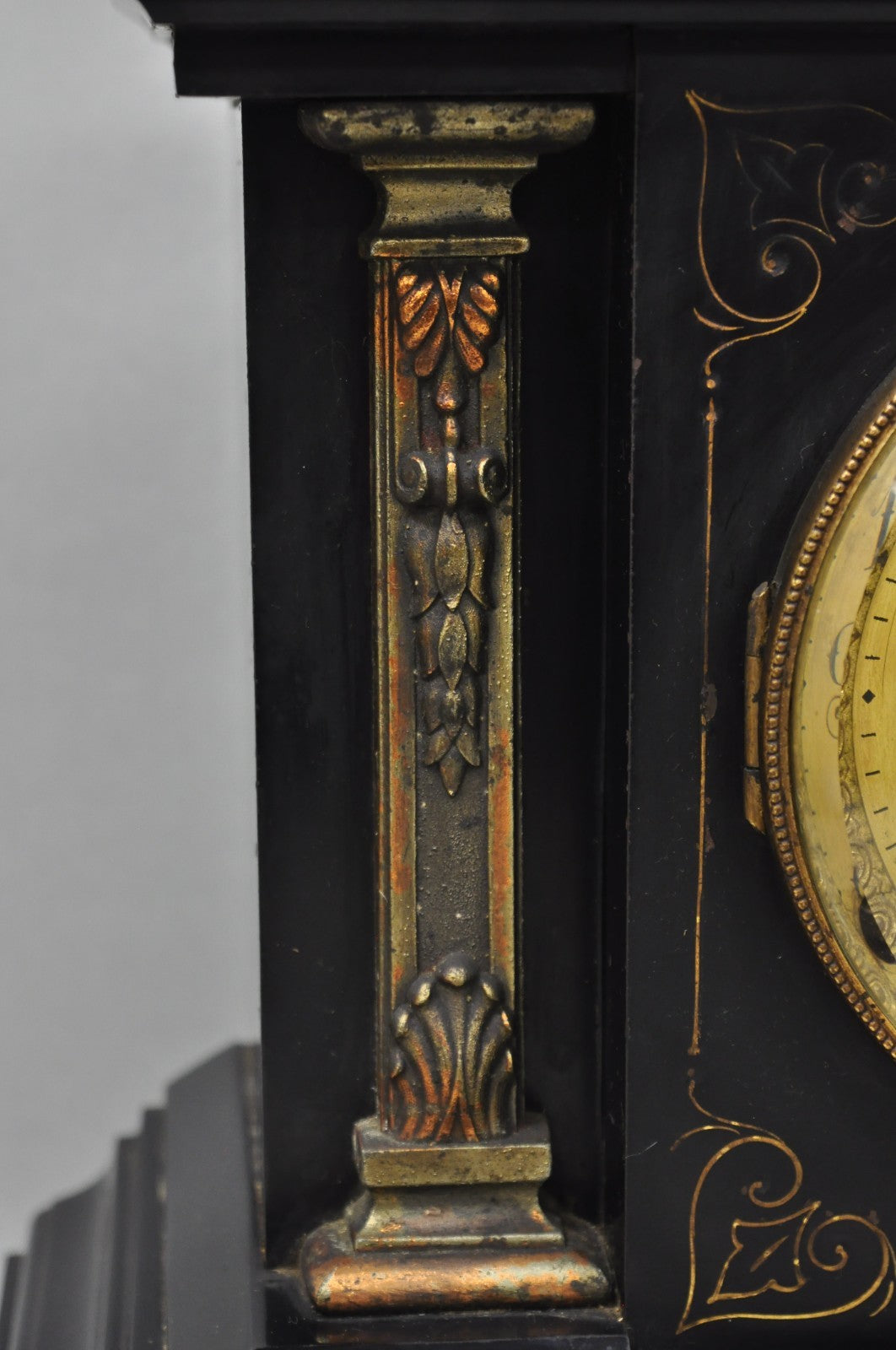 Antique Ansonia Black Mantel Clock with Bronze Coated Columns and Claw Feet