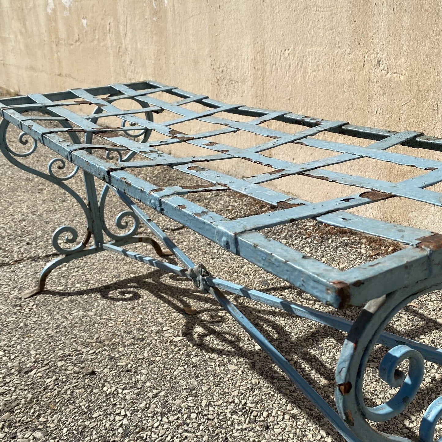 Antique French Art Nouveau Scrolling Wrought Iron Metal Strap Garden Patio Bench